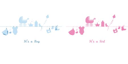 Baby girl and baby boy. Hanging baby symbols. Twin baby. Baby shower greeting card vector illustrationのイラスト素材