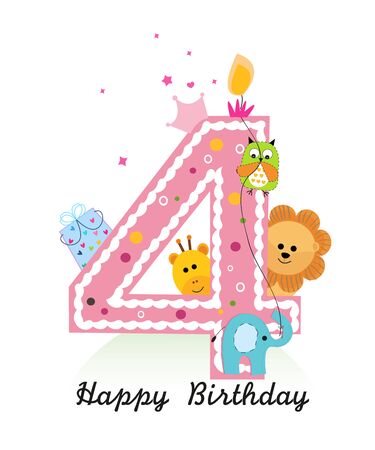 Happy fourth birthday with animals baby girl greeting card vectorのイラスト素材