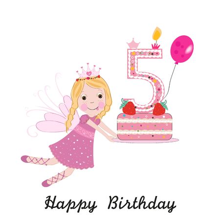 Sixth birthday greeting card. Cute fairy holding cakeのイラスト素材