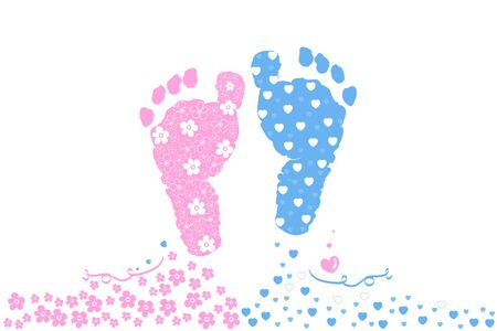 Baby foot prints. Welcome baby greeting card. Blue and pink foot print with confettiのイラスト素材