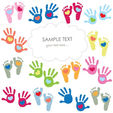 Baby footprint and hands kids colorful greeting card vectorのイラスト素材