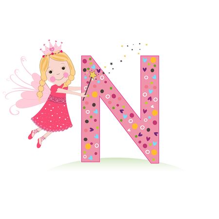 N letter with a cute fairy tale vector illustrationのイラスト素材