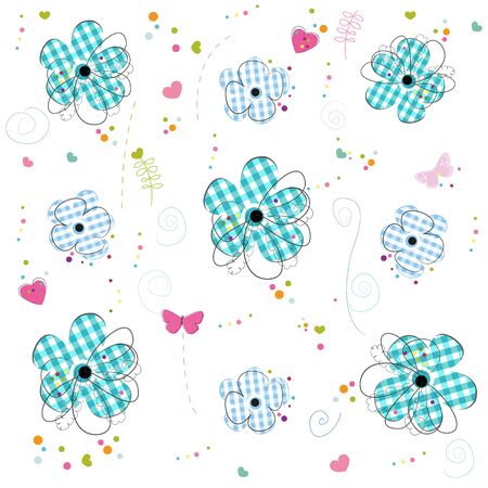 Colorful doodle flowers. Plaid pattern vector backgroundのイラスト素材