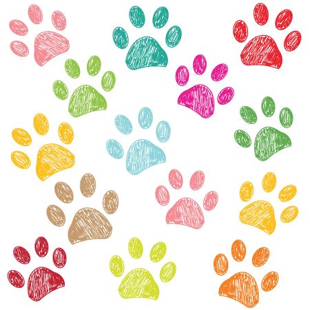 Colorful hand drawn doodle paw print vector illustration backgroundのイラスト素材
