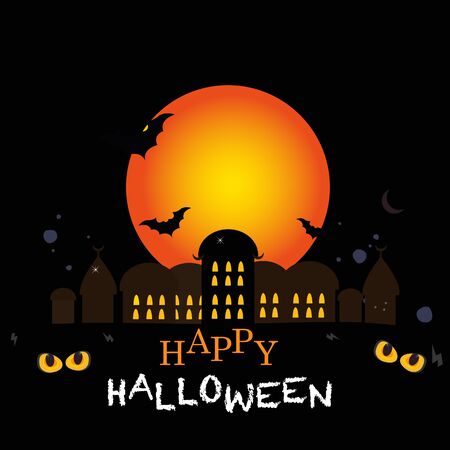 Happy halloween greeting card with funny pumpkins, home and batのイラスト素材
