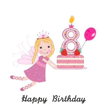 Ninth birthday greeting card. Cute fairy holding cakeのイラスト素材