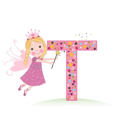 T letter with a cute fairy tale vector illustrationのイラスト素材