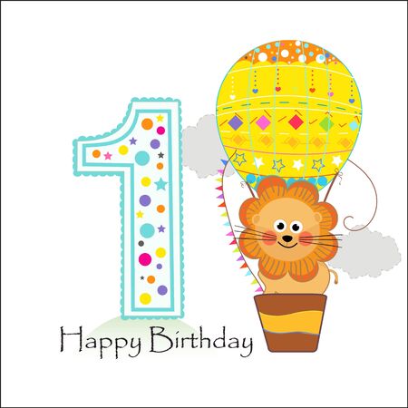 Air balloon and lion Happy birthday greeting cardのイラスト素材