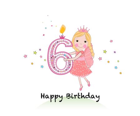 Happy sixth birthday candle. Girl greeting card with cute fairy tale vector backgroundのイラスト素材
