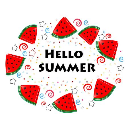 Hello Summer letters with abstract slice of watermelon vector illustrationのイラスト素材