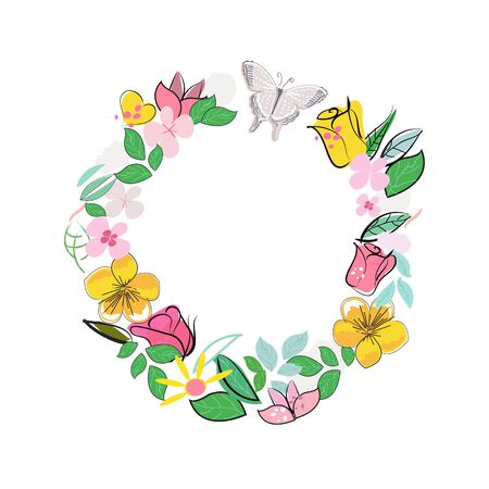 Wreath colorful floral Spring flowers with abstract decorative flowers, hearts and butterflies. Circle Frame '' Hello Spring '' textのイラスト素材