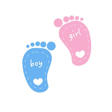 Twin baby boy and girl. Baby foot prints. Baby arrival greeting card vectorのイラスト素材