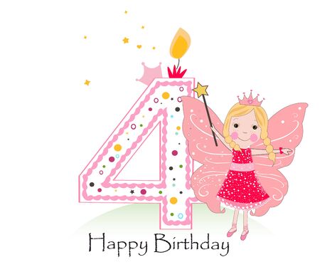 Happy fourth birthday candle. Baby girl greeting card with fairy tale vector backgroundのイラスト素材
