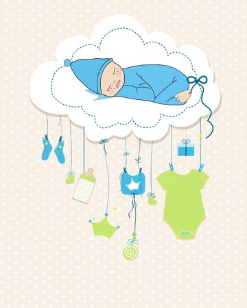 It's a boy. Baby shower baby boy. Hanging baby symbol with birdsのイラスト素材