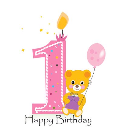 Happy first birthday candle. Baby birthday greeting card with teddy bear vector backgroundのイラスト素材