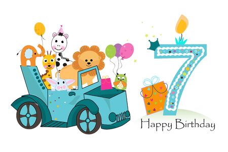 Seventh birthday car with animals background. Birthday greeting cardのイラスト素材