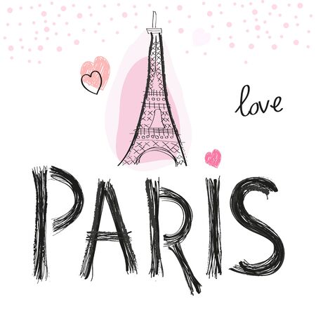 Eiffel tower. Paris hand drawn letter with heart vector illustrationのイラスト素材