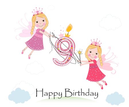 Happy ninth birthday with cute fairy tale greeting card vectorのイラスト素材