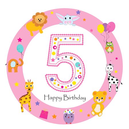 Fifth birthday animals background. Birthday greeting cardのイラスト素材