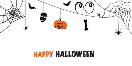 Happy Halloween greeting card with skull, spider, pumpkin, eyes, batのイラスト素材