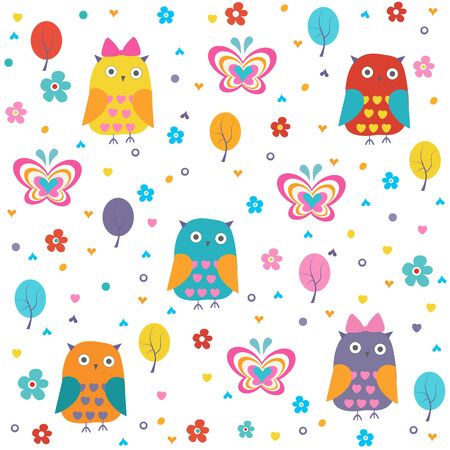 Colorful owl, butterflies and flowers vector patternのイラスト素材