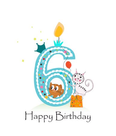 Happy sixth birthday with cute cats baby boy greeting card vectorのイラスト素材