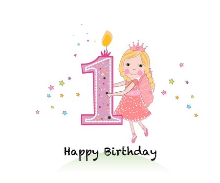 Happy first birthday candle. Girl greeting card with cute fairy tale vector backgroundのイラスト素材