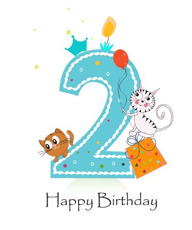 Happy second birthday candle with cute cats birthday greeting cardのイラスト素材