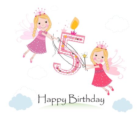 Happy fifth birthday with cute fairy tale greeting card vectorのイラスト素材