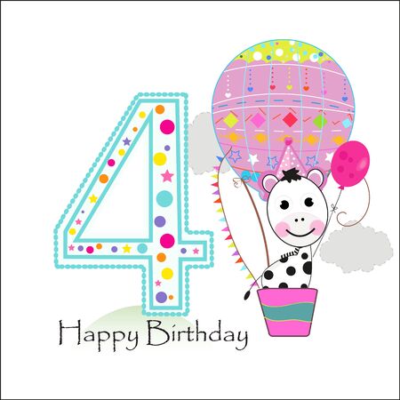 Four balloons and zebra. Happy birthday greeting cardのイラスト素材