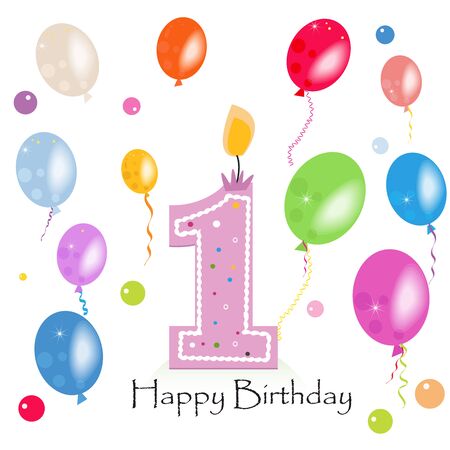 Happy first birthday. Colorful balloon greeting cardのイラスト素材
