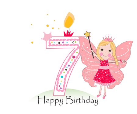 Happy seventh birthday candle. Baby girl greeting card with fairy tale vector backgroundのイラスト素材