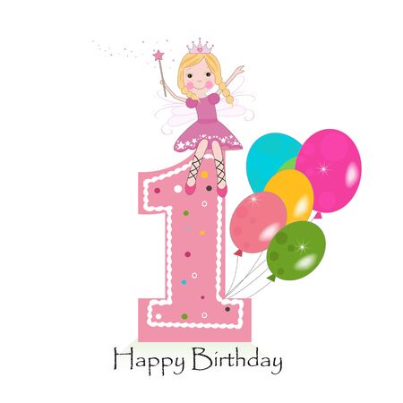 Happy first birthday greeting card with cute fairy taleのイラスト素材