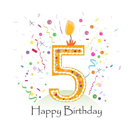 Happy fifth birthday candle vector with colorful confetti and balloons vector illustration backgroundのイラスト素材