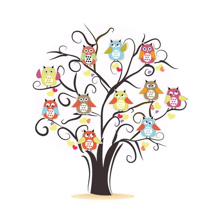 Tree. Tree with colorful owls vector background illustrationのイラスト素材