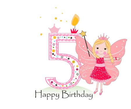 Happy five birthday candle. Baby girl greeting card with fairy tale vector backgroundのイラスト素材