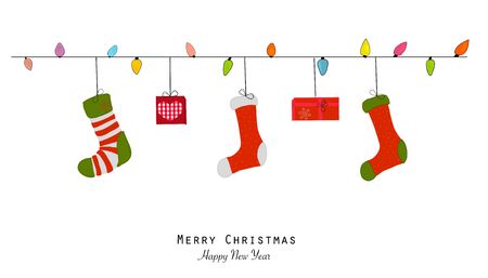 Merry Christmas and happy new year greeting card. Light bulb, christmas socks and gift boxのイラスト素材
