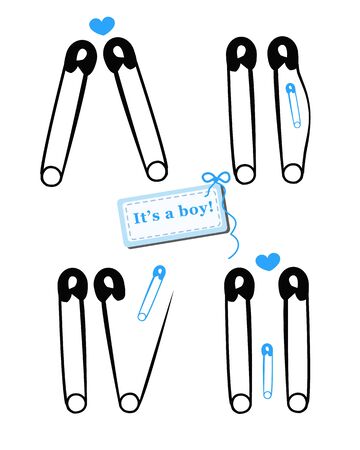 Pregnancy announcements with safety pin vector. Baby boy announcement greeting cardのイラスト素材
