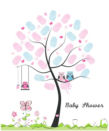 Baby shower greeting card. Baby girl and owl. Owl familyのイラスト素材