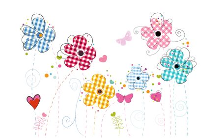 Colorful doodle flowers. Plaid pattern vector backgroundのイラスト素材
