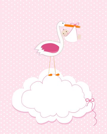 Baby girl with stork. Baby arrival greeting card. Baby shower invitation newborn baby illustrationのイラスト素材