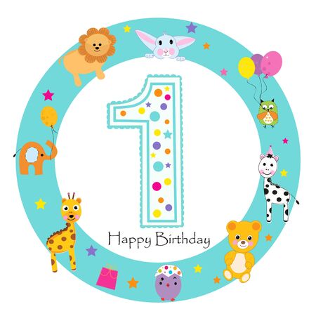 First birthday baby greeting card. Happy first birthday candleのイラスト素材