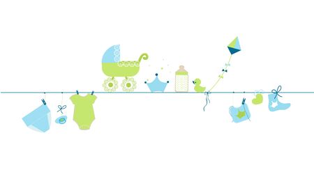 Baby shower card. Baby boy hanging symbols illustrationのイラスト素材