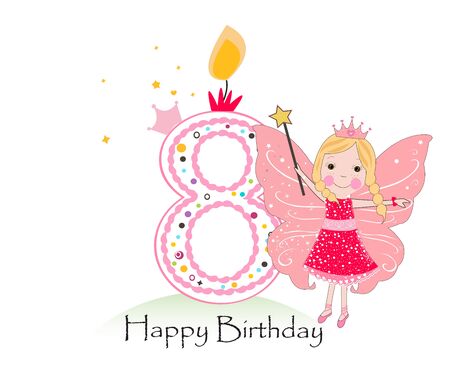 Happy eigth birthday candle. Baby girl greeting card with fairy tale vector backgroundのイラスト素材