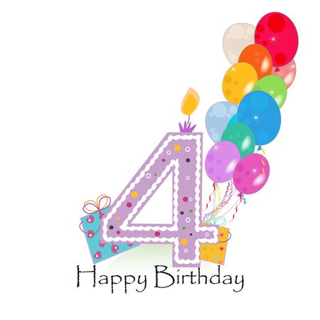 Happy fourth birthday candle vector with colorful confetti and balloons vector illustrationのイラスト素材