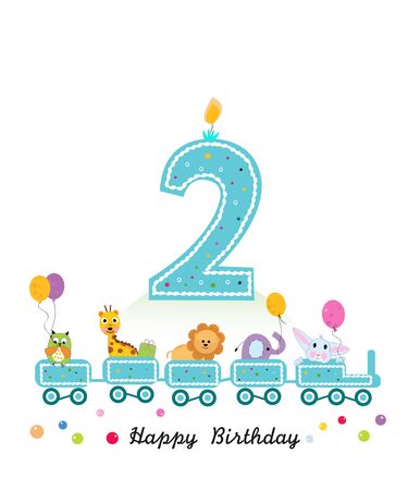 Happy second birthday greeting card. Birthday train with animalsのイラスト素材