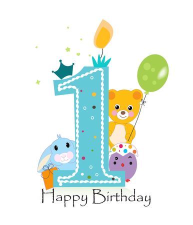 First birthday greeting card. Teddy bear, bunny and chick vector backgroundのイラスト素材