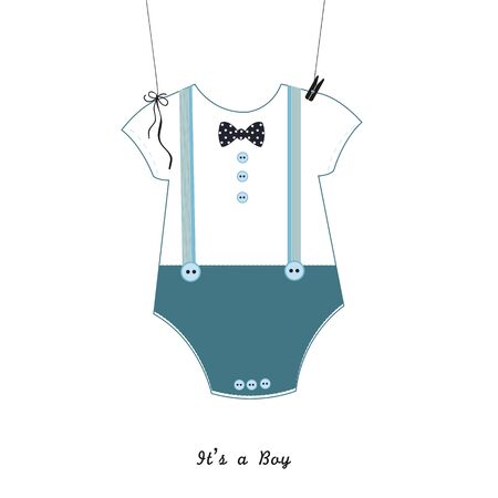 Baby shower invitation. Bow tie and baby body boy symbol greeting cardのイラスト素材