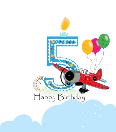 Fifth birthday greeting card. Air plane and balloon happy birthday boy greeting cardのイラスト素材