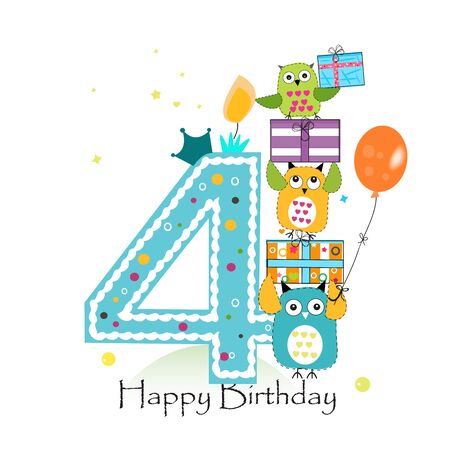 Happy fourth birthday with owls and gift box. Baby boy birthday greeting card vector illustrationのイラスト素材